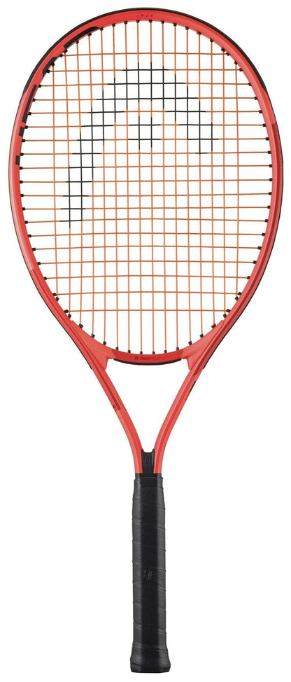 The HEAD Radical Junior 26 2025 Tennis Racket by HEAD features black strings and a black grip, with a large curved black line on the stringbed. Photographed against a white background, it’s ideal for junior players.