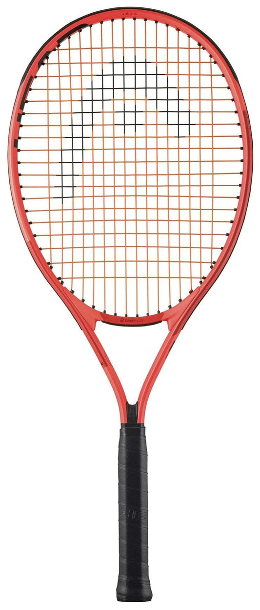 The HEAD Radical Junior 26 2025 Tennis Racket by HEAD features black strings and a black grip, with a large curved black line on the stringbed. Photographed against a white background, it’s ideal for junior players.