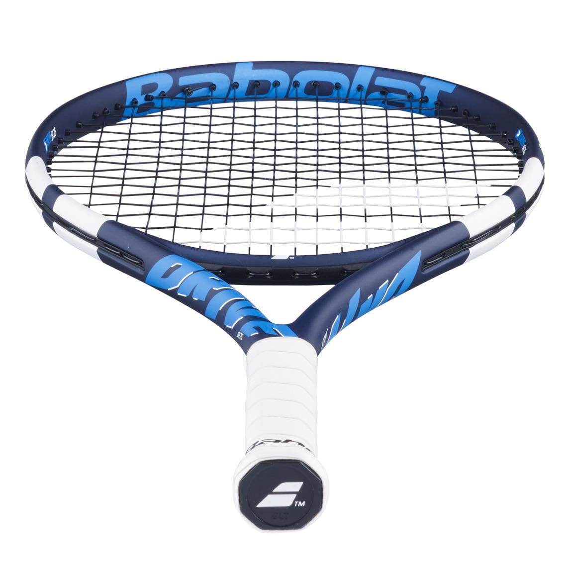 The Babolat Drive Junior 25 Tennis Racket by Babolat features a blue and black frame with white grip tape, viewed from the handle, displaying the strings and branding—perfect for junior or intermediate players.