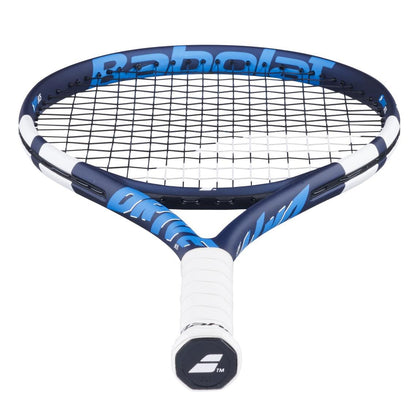 The Babolat Drive Junior 25 Tennis Racket by Babolat features a blue and black frame with white grip tape, viewed from the handle, displaying the strings and branding—perfect for junior or intermediate players.