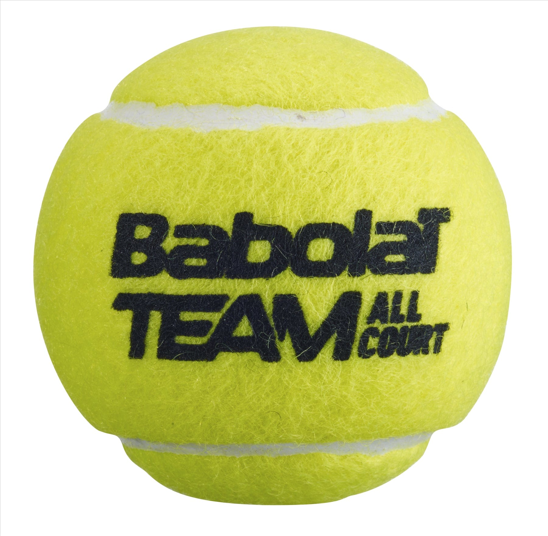 A detailed image showcases a high-performance yellow tennis ball, displaying "Babolat Pure Team All Court Tennis Balls" in black on its surface. The ball's fuzzy texture and white curved lines capture the essence of the Babolat Pure Team spirit.