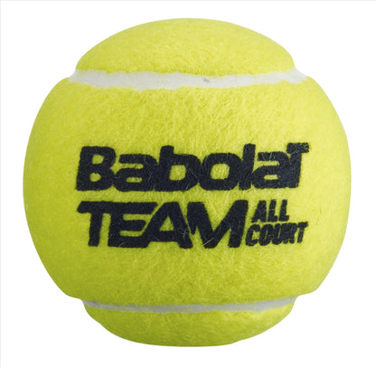 A detailed image showcases a high-performance yellow tennis ball, displaying "Babolat Pure Team All Court Tennis Balls" in black on its surface. The ball's fuzzy texture and white curved lines capture the essence of the Babolat Pure Team spirit.
