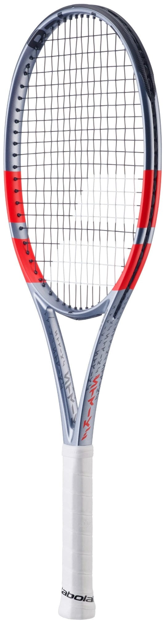 The Babolat Pure Strike 100 16X19 Gen4 Tennis Racket by Babolat features a white and gray frame with red accents, white grip tape on the handle, and an oval head with tightly strung strings for optimal performance.