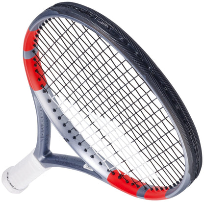 A close-up of the Babolat Pure Strike 100 16x19 Gen4 Tennis Racket by Babolat, featuring a white handle, dark gray frame, red accents, and tightly woven strings shown against a white background.