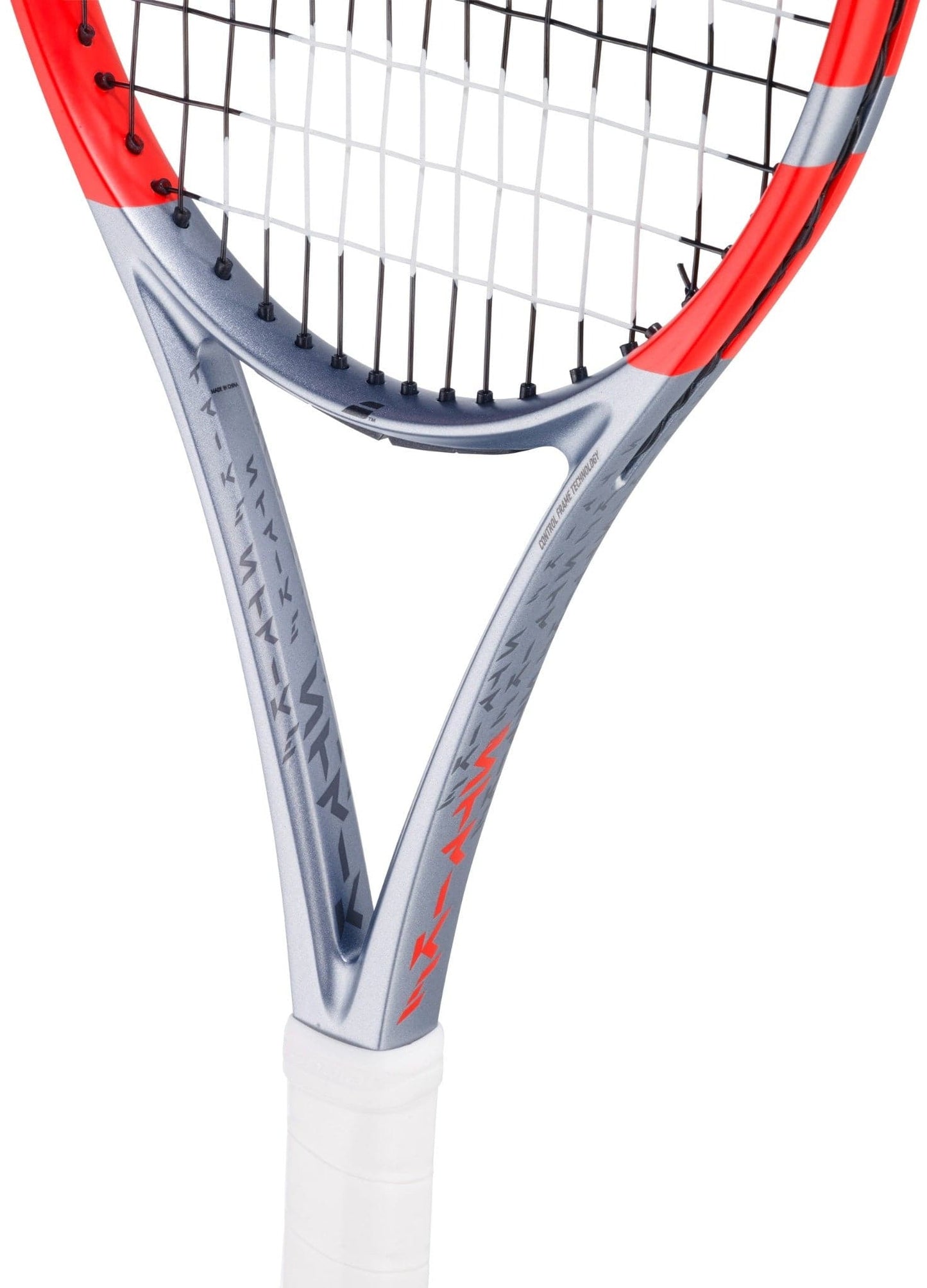 Close-up of the Babolat Pure Strike 100 16X19 Gen4 Tennis Racket in red, gray, and silver with a white grip, focusing on the throat area where the handle meets the strings.