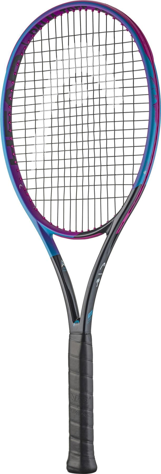The HEAD Radical MP Palm Tree Crew 2025 Tennis Racket by HEAD features a black grip, black and purple frame, black strings, and DJ Kygo-inspired design, displayed on a white background.