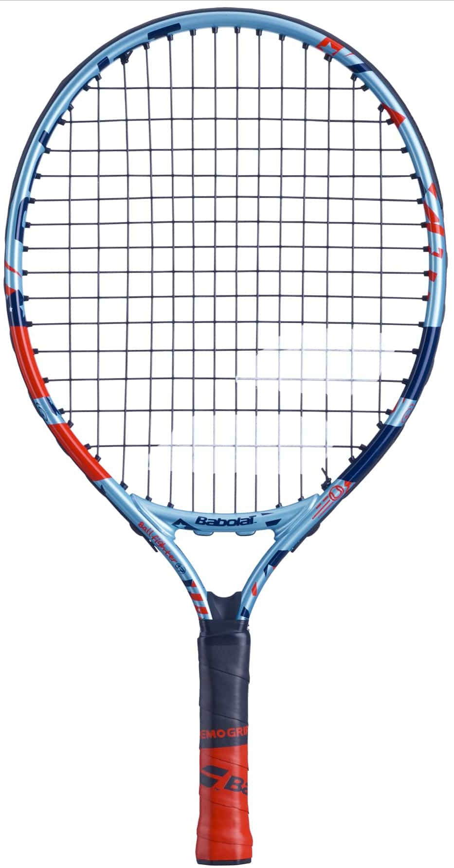 A Babolat BallFighter 17 Junior Tennis Racket in blue and red, featuring black strings and a wrapped handle, is ideal for embarking on your tennis journey. The brand name and logo are prominently displayed on the frame.