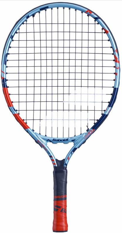A Babolat BallFighter 17 Junior Tennis Racket in blue and red, featuring black strings and a wrapped handle, is ideal for embarking on your tennis journey. The brand name and logo are prominently displayed on the frame.