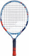 A Babolat BallFighter 17 Junior Tennis Racket in blue and red, featuring black strings and a wrapped handle, is ideal for embarking on your tennis journey. The brand name and logo are prominently displayed on the frame.