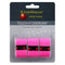The packaging of the Kirschbaum Touch It Tennis Overgrip 3 Pack - Pink features three striking pink overgrips accented with black bands. It emphasizes their "extremely tacky - grip feel" and excellent absorption, with water droplets adorning the design to highlight durability.
