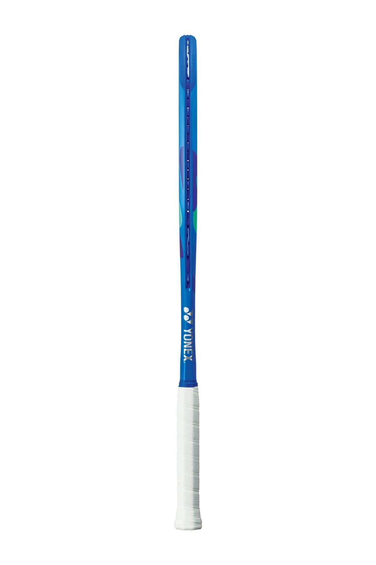 The Yonex EZONE 98 2025 Tour, with its blast blue design and white grip, stands vertically against a white background. Engineered with 2G-Namd Speed technology, this Yonex racket is favored by professionals for its precision and performance.