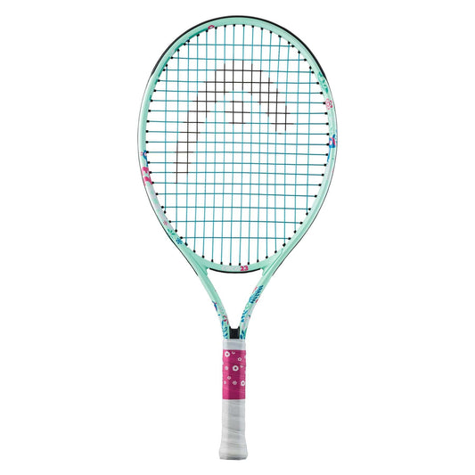 The HEAD Coco 23 Junior Tennis Racket - Mint comes with a mint-colored frame, complemented by a pink grip and adorned with simple floral patterns inspired by Coco Gauff. The strings showcase a delicate arrow motif pointing upwards on a plain white background.
