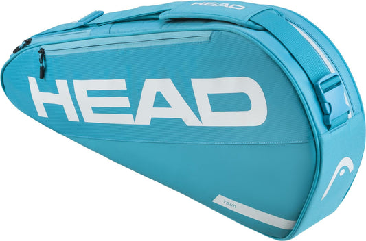 The HEAD Tour 3 Racket Tennis Bag S - Blue features a white HEAD logo, zippered compartment, handles, and shoulder strap—ideal for carrying racquets and gear with style and functionality in a compact size.