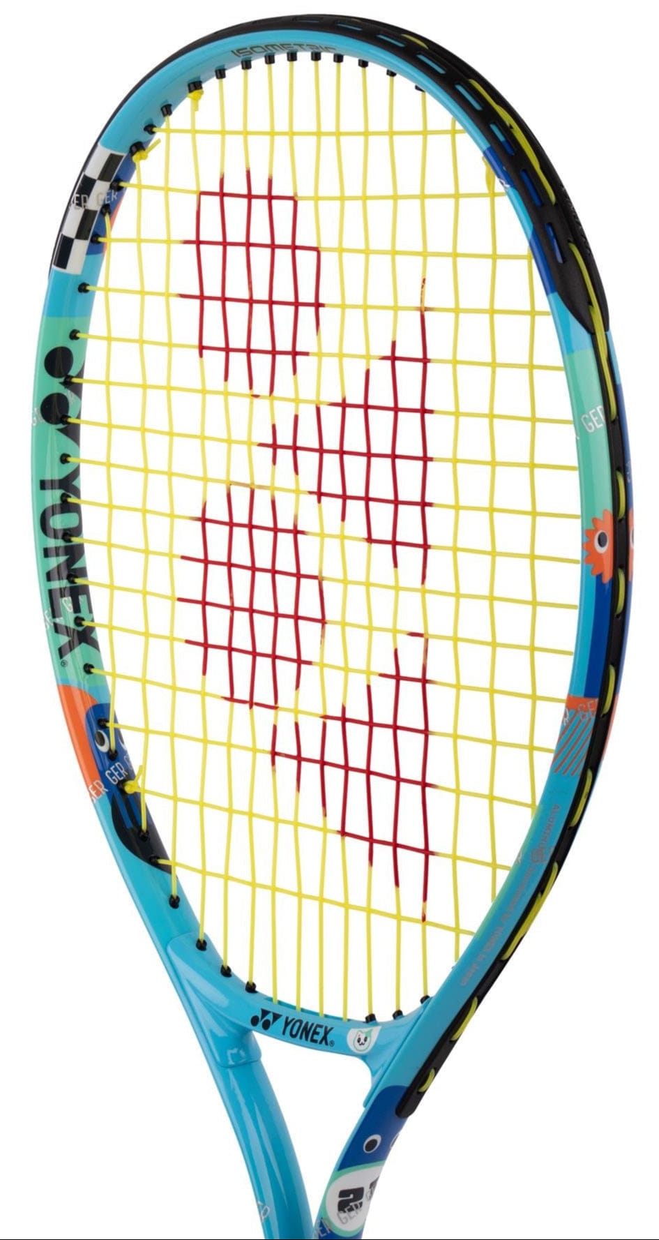 The Yonex Junior 21 Ocean Blue Tennis Racket features yellow strings with a red Yonex logo, shown on a white background—ideal as a beginner’s racket for kids.