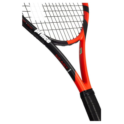 Close-up of the black and red Prince Beast Power 285g Tennis Racket by Prince, highlighting the graphite frame, strings, and handle against a white background—ideal for beginners.