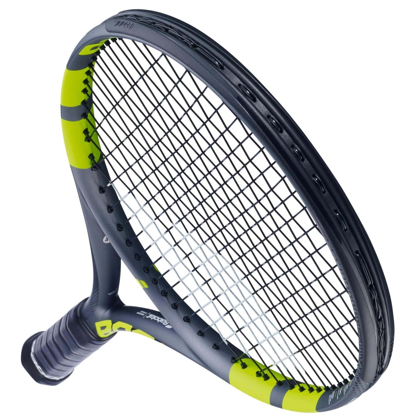 A close-up of the Babolat Boost Aero 2026 Tennis Racket by Babolat showcases its black and yellow design, string pattern, grip, and angled frame—ideal for entry-level players—set against a white background.
