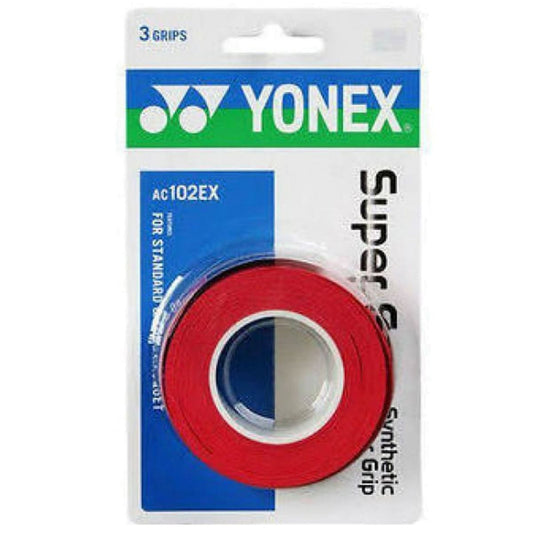 Packaging for the Yonex AC102EX Super Grap Tennis Overgrip - 3 Pack - Red, offering three red overgrips ideal for tennis or badminton rackets. Known for superior sweat absorption, the package is enclosed with a clear plastic cover displaying branding and product details.