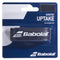 The Babolat Syntec Uptake replacement tennis grip in black features the brand's logo and "PLAY Babolat" text on a blue and white background, emphasizing its durable and highly absorbent qualities for improved performance.