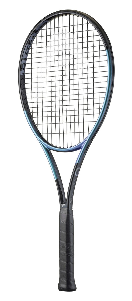 A black and blue HEAD Gravity MP L 2025 Tennis Racket with a black grip, rounded frame, and Auxetic 2.0 technology is displayed against a plain white background.