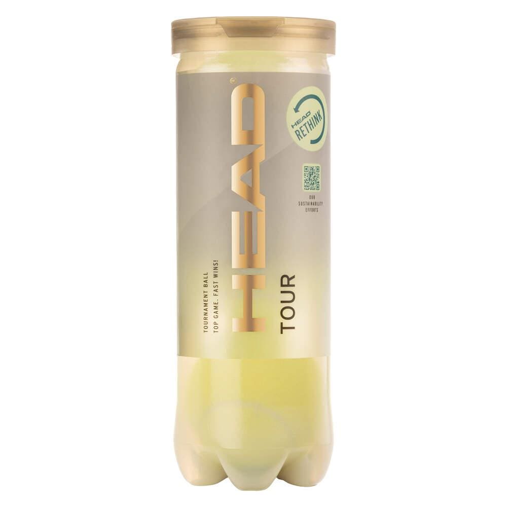 A cylindrical tube from HEAD containing three tournament-grade tennis balls, packaged in durable plastic with a transparent lid. The label showcases the brand "HEAD," the word "TOUR," and a green recycle symbol labeled "Rethink." These tennis balls incorporate Dynamic (EN)Core technology and emphasize sustainability.