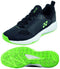 The Yonex Power Cushion Lumio 4 Men's Tennis Shoes in black and lime are lightweight footwear perfect for beginner or intermediate tennis players. They boast black uppers with neon green accents and white soles, complemented by a zigzag patterned outsole. The Yonex logo is prominently displayed on the side and tongue for added style.