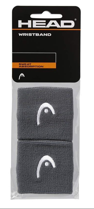 Packaging of two HEAD 2.5" Tennis Wristbands in Anthracite Grey with a white logo, perfect for tennis enthusiasts looking for effective sweat absorption.