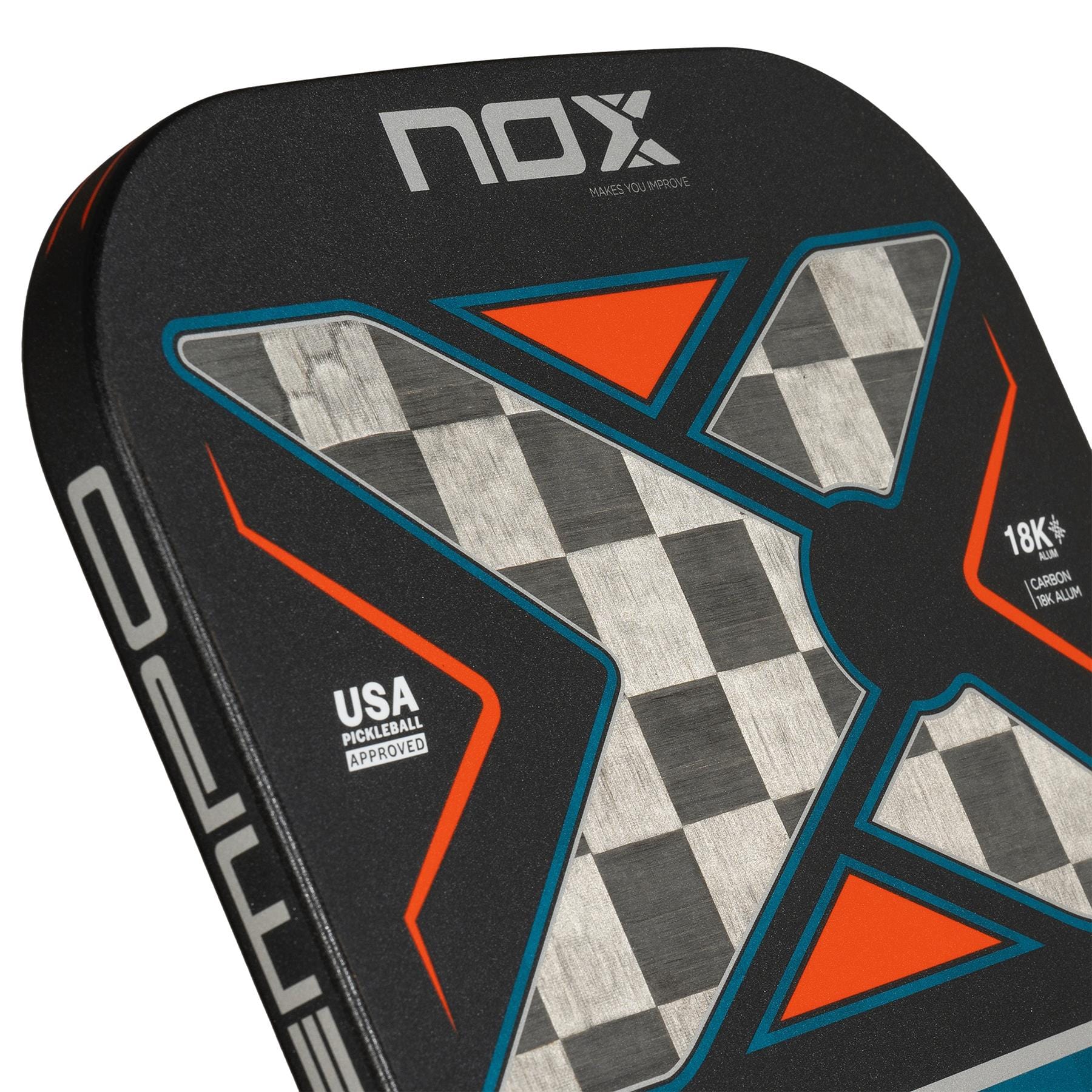 Close-up of the NOX Luxury Tempo Pickleball Paddle by NOX, showcasing a bold "X" design, checkered pattern, orange-blue accents, "18K aluminised carbon fibre," "Exclusive Spin technology," and USA Pickleball approval.
