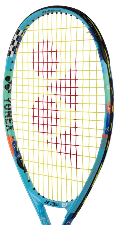 The Yonex Junior 23 Ocean Blue Tennis Racket features yellow strings and a red Yonex logo, plus vibrant frame designs—perfect as a kids’ tennis racket for young players.
