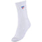 The Tecnifibre Classic Men's Tennis Socks (3 Pack) offer exceptional comfort for your game. These white socks boast a ribbed texture and are adorned with a small blue and red logo near the top, making them perfect for those who value style in their racket sports wardrobe.