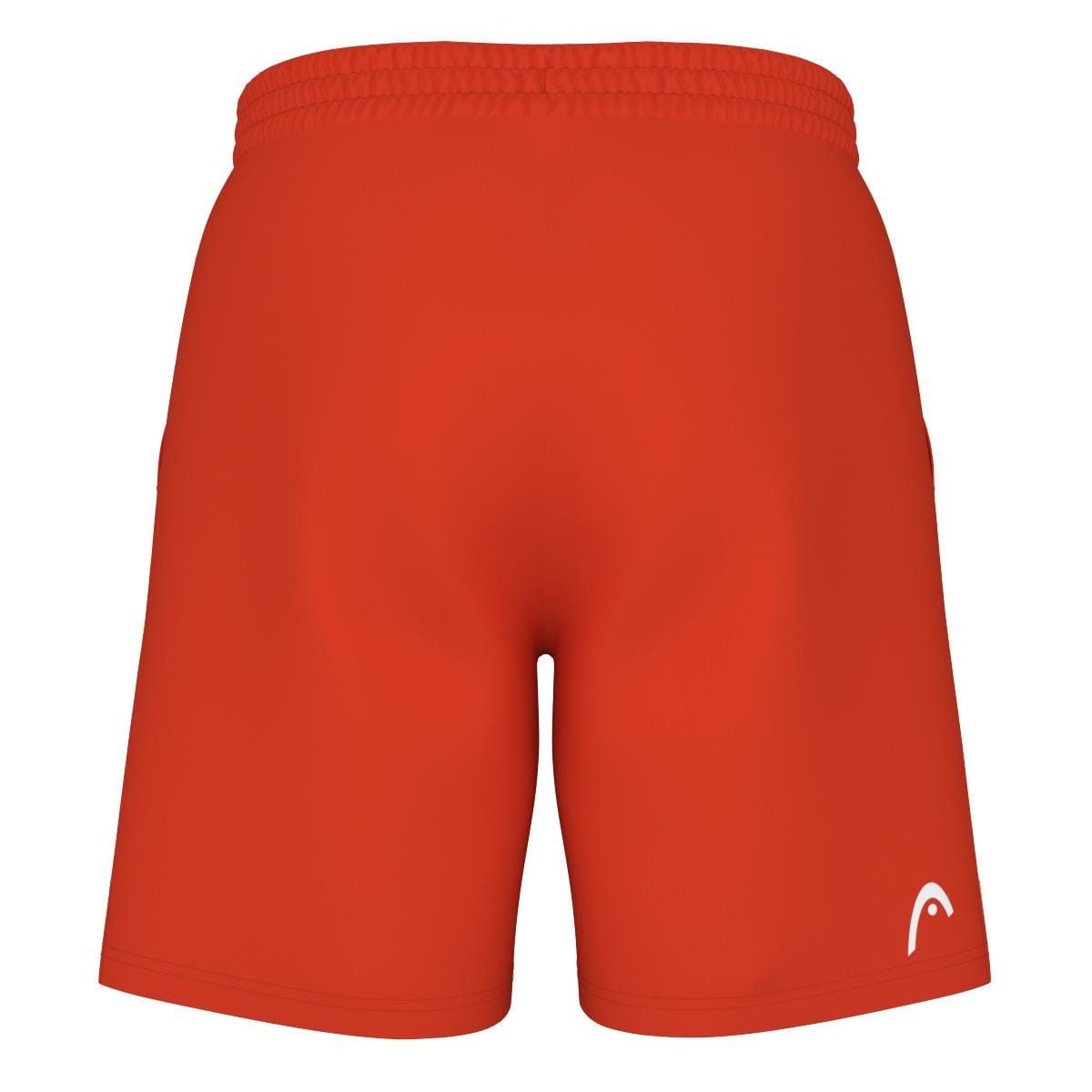 Back view of vibrant orange HEAD Vision Power Men's Tennis Shorts showcasing an elastic waistband. A small white HEAD logo is visible on the lower right side. Made with 4-way stretch and moisture-wicking microfiber, the fabric appears smooth and perfect for sports activities.