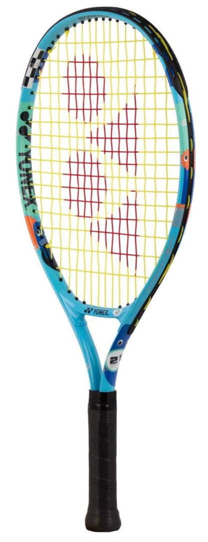 The Yonex Junior 21 Ocean Blue Tennis Racket features a black grip, yellow strings, and a red center design with colorful patterns—ideal as a beginner racket for kids.