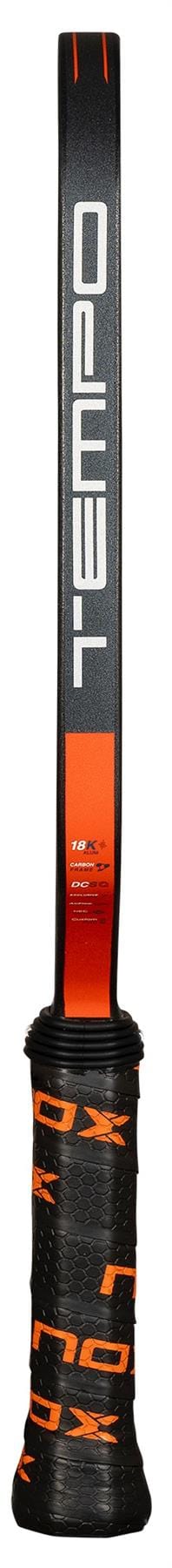 A close-up of the handle and throat of the NOX Luxury Tempo Pickleball Paddle, showing the NOX logo and textured grip, highlights its advanced spin technology for improved control.