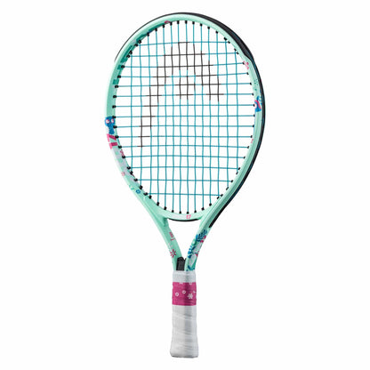 The HEAD Coco 17 Junior Tennis Racket in mint features a mint-colored frame with a white grip, adorned with vibrant floral patterns inspired by Coco Gauff. Its matching mint strings complete the eye-catching design, making it perfect for young players looking to enhance their game.