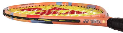 Close-up of a Yonex Junior 23 Coral Orange Tennis Racket with yellow strings and red accents, showing the Yonex logo and "ISOMETRIC" text—ideal for young players seeking a high-quality junior tennis racket.