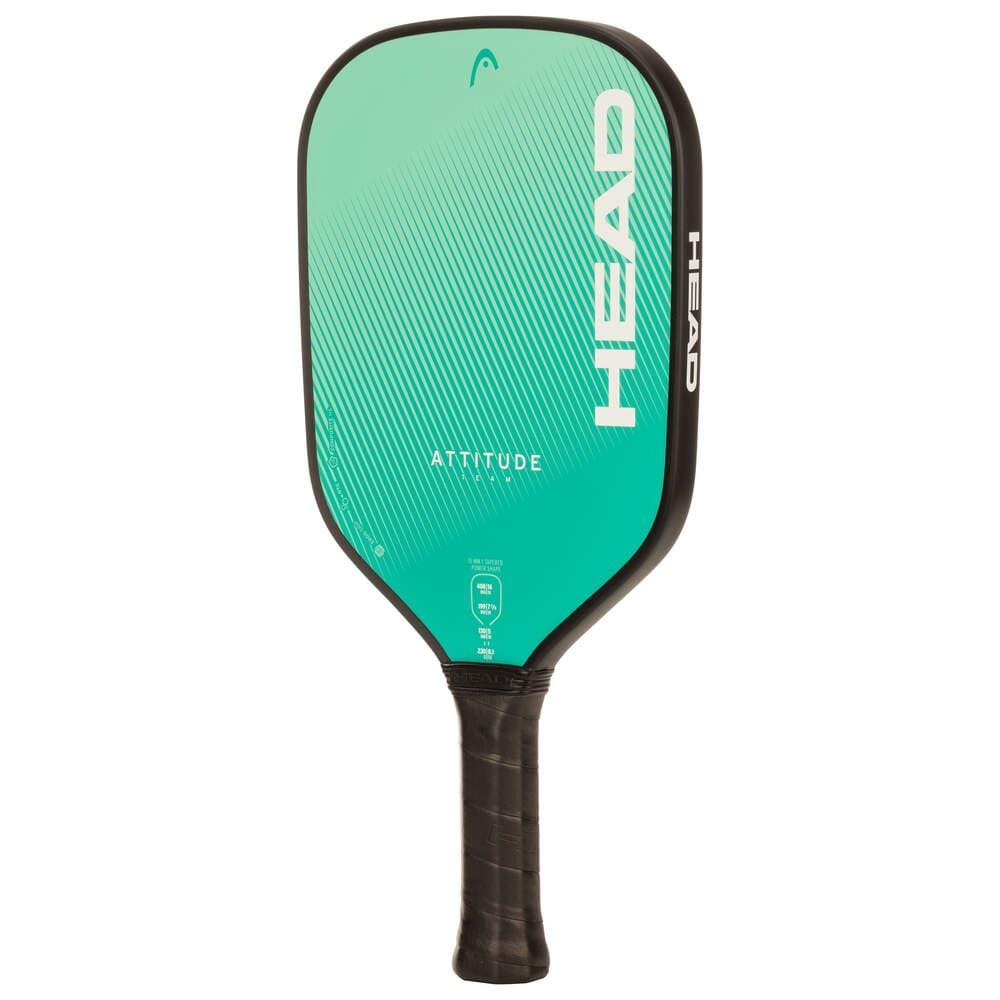 The HEAD Attitude Team Pickleball Paddle features a green face with modern diagonal lines, a black handle, and white HEAD branding—making it an ideal beginner paddle.