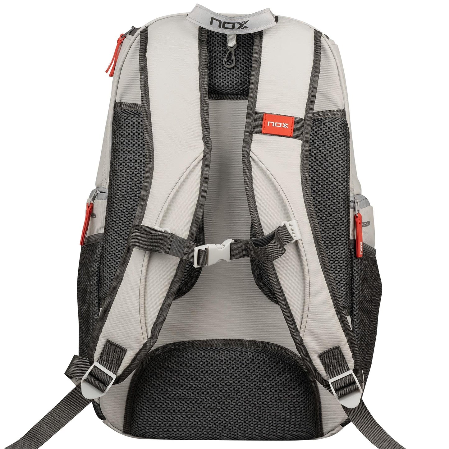 A cream NOX Supra Pickleball Backpack shown from the back, featuring ergonomic padded straps, mesh padding for comfort, side zipper pockets, a chest strap, and the NOX brand name on the top strap and a patch.