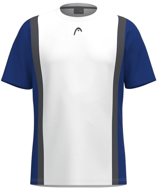 The HEAD Club Tech 25 Men's Tennis T-Shirt in Royal Blue/White offers a white front with gray side stripes and vibrant blue sleeves. A simple logo near the collar and Moisture Transfer Microfiber keep you cool and comfortable during matches.