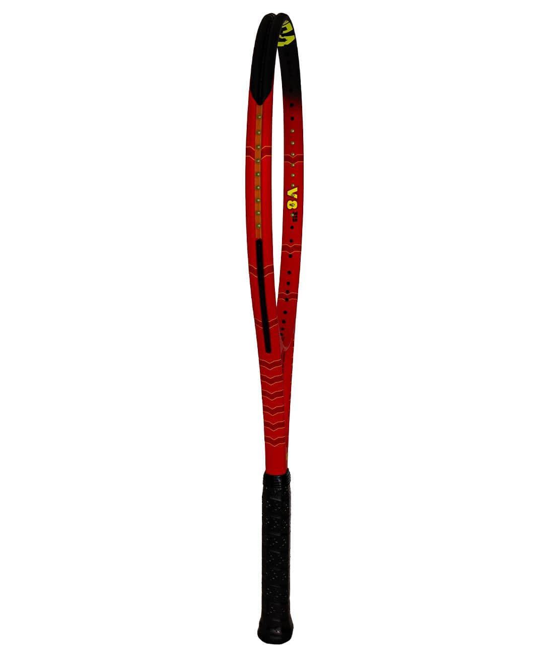 Introducing the Volkl Vostra V8 315g Tennis Racket - Red, a striking red and black racket featuring a sleek black grip. The frame is highlighted with yellow details and boasts a symmetrical hole pattern along the sides, delivering a dynamic Catapult Effect to improve your performance on the court.
