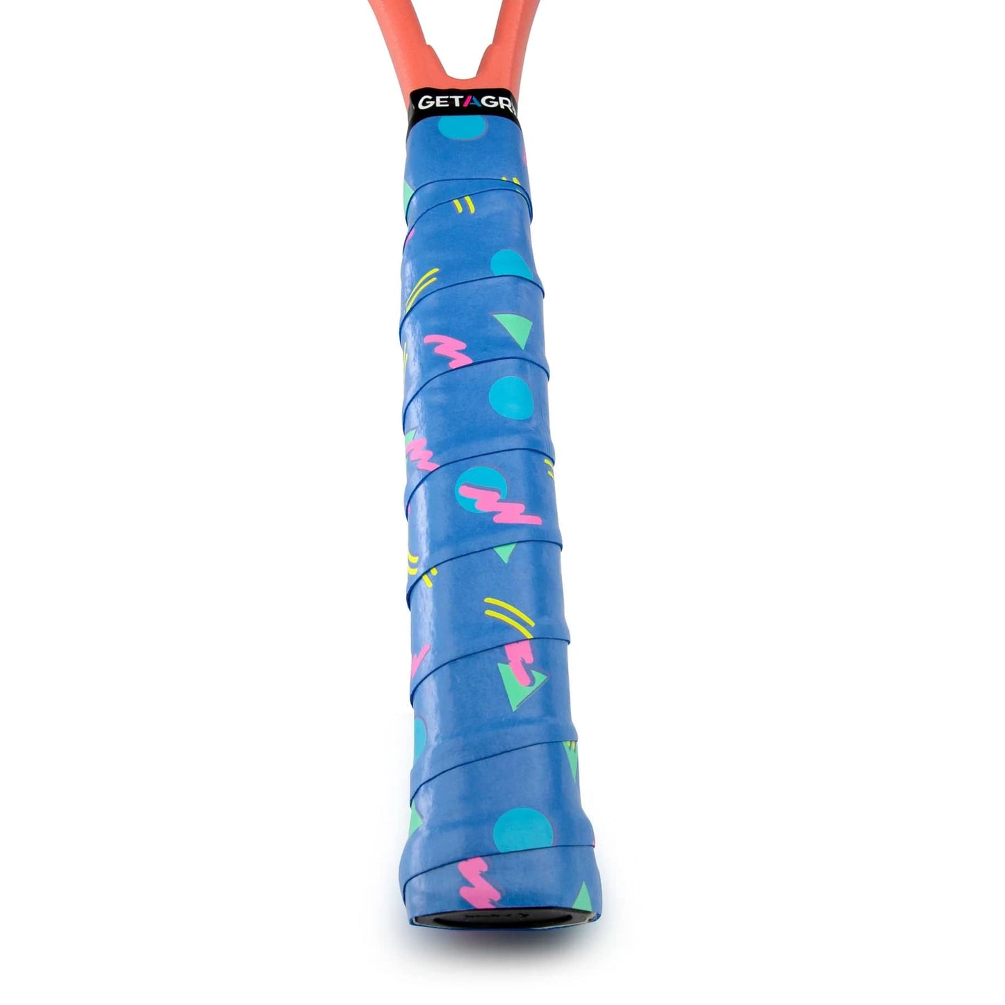 Introducing the Get A Grip Cutting Shapes Tennis Overgrip in Blue, designed for non-slip performance with a premium build. It features vibrant geometric patterns of circles, triangles, and lines in green, pink, and yellow. The brand "Get A Grip" is prominently displayed on the black band at the top of the overgrip.