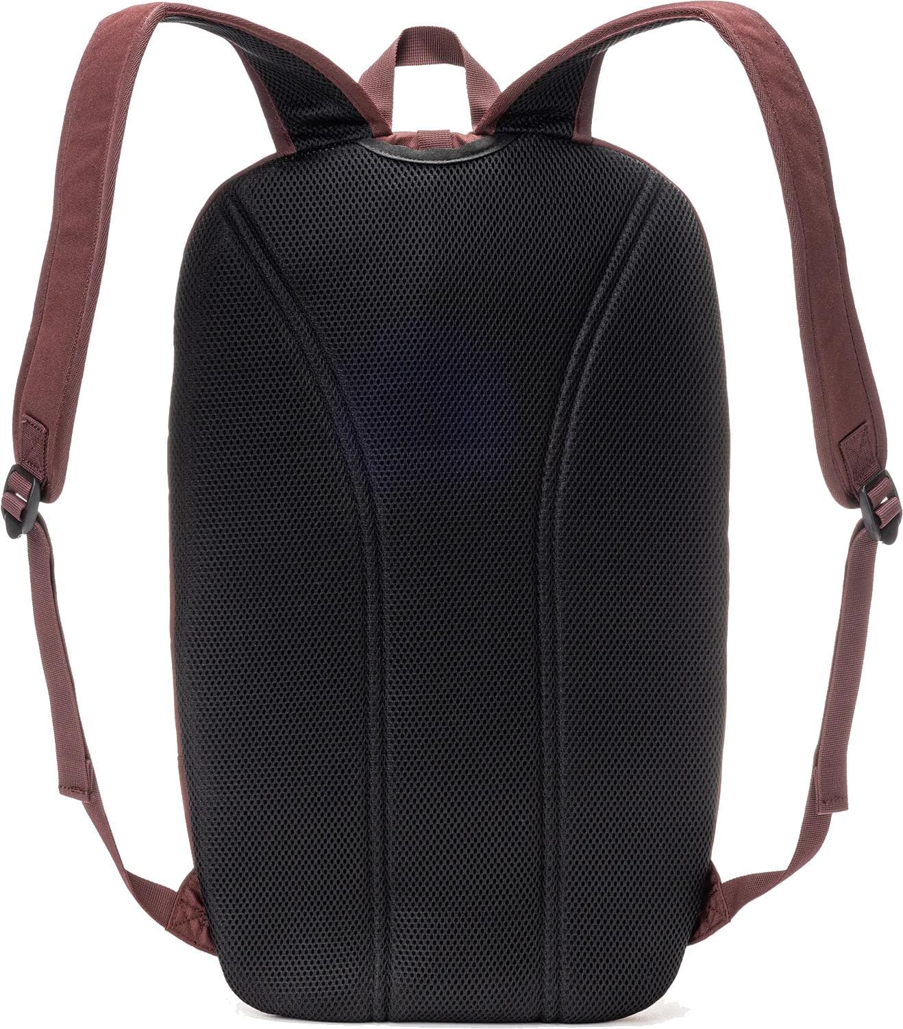 The Yonex 42512EX Team Tennis Backpack in Ruby Red features padded black mesh paneling and maroon shoulder straps, offering a streamlined, modern design.