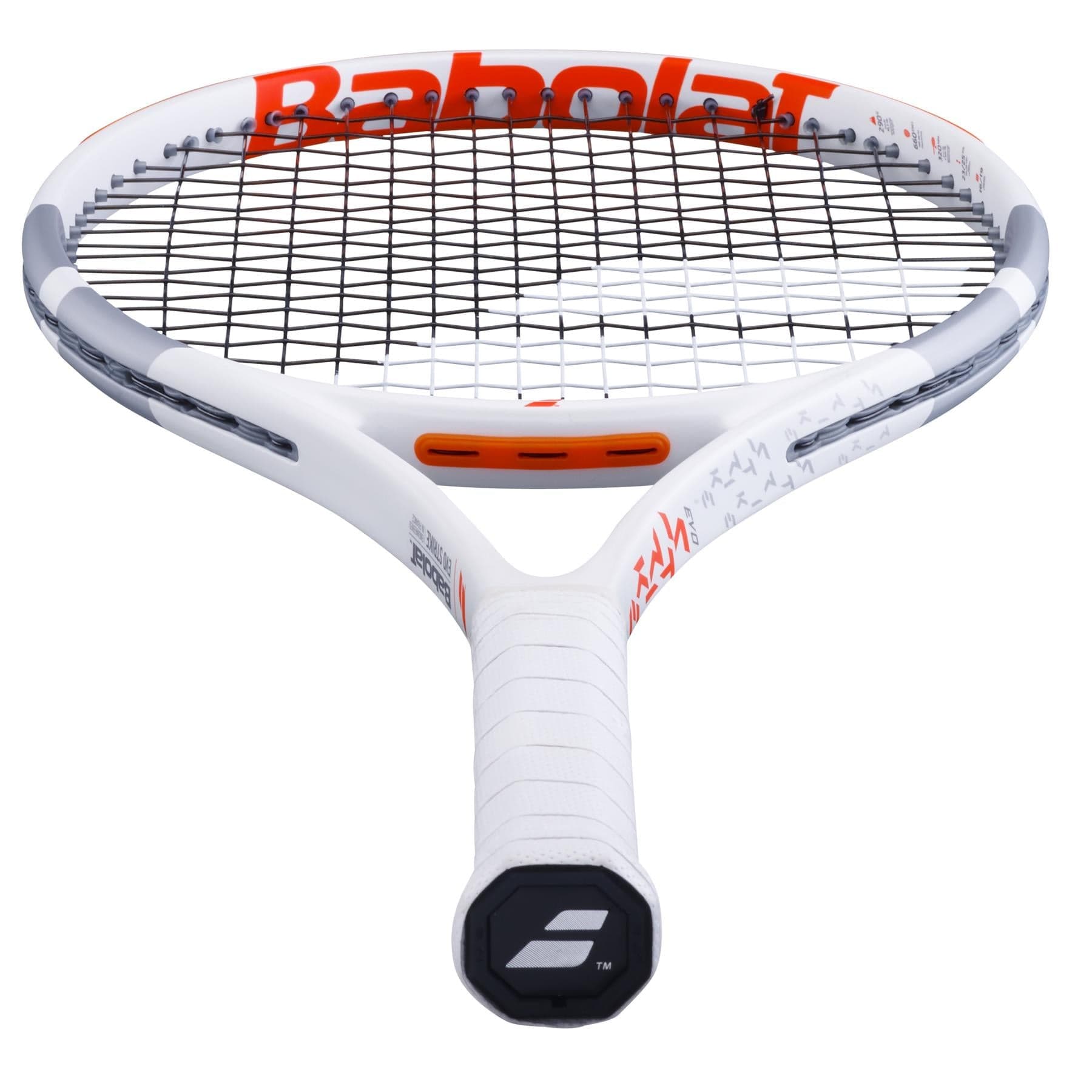 A Babolat Evo Strike Gen 2 tennis racket in white, red, and grey featuring a black grip. The strings are designed in a checkered pattern to boost power and control, with the brand name Babolat prominently displayed on the frame.