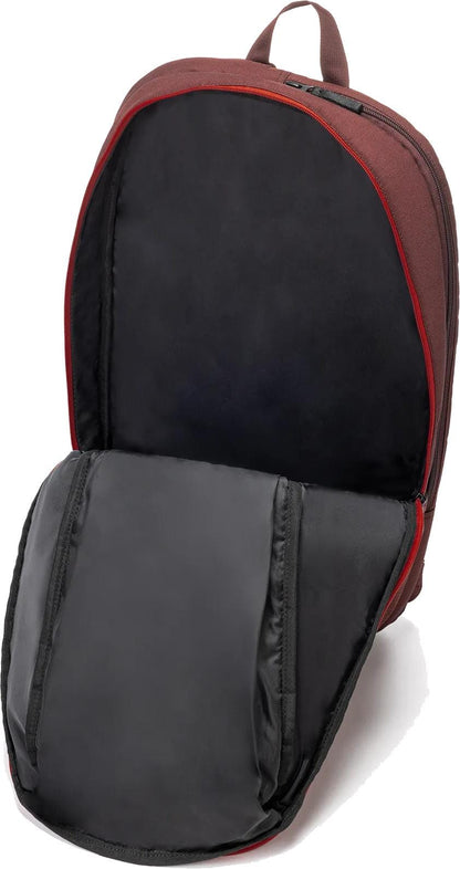 A Yonex 42512EX Team Tennis Backpack in Ruby Red is shown with its main compartment fully unzipped, revealing a spacious empty black interior.