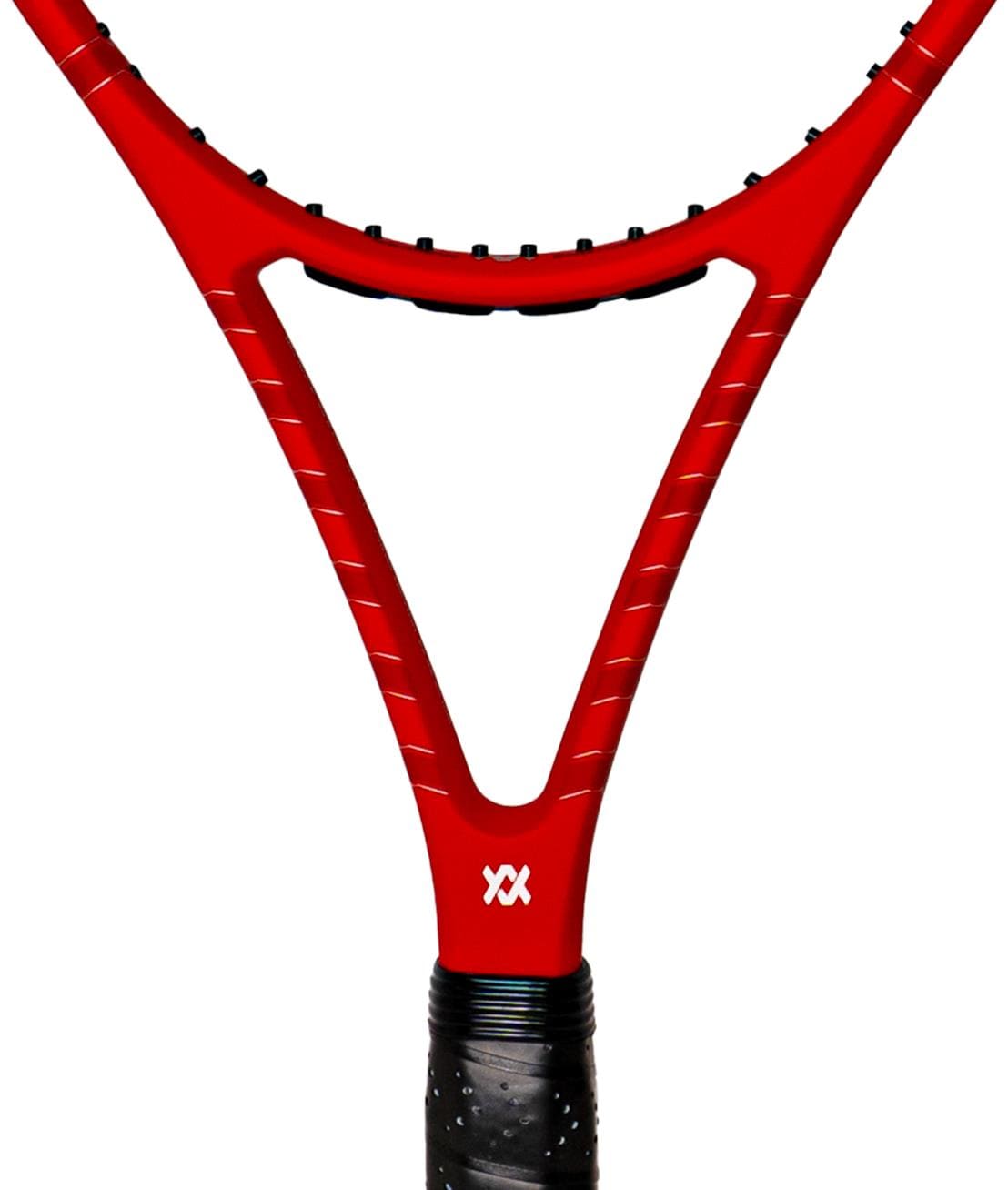 Close-up of a Volkl Vostra V8 285g Tennis Racket in red, featuring a black grip. The strings are not visible, but the prominent Red Cell logo on the throat enhances its catapult effect for powerful shots.