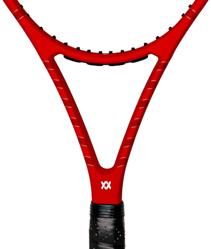 Close-up of a Volkl Vostra V8 285g Tennis Racket in red, featuring a black grip. The strings are not visible, but the prominent Red Cell logo on the throat enhances its catapult effect for powerful shots.