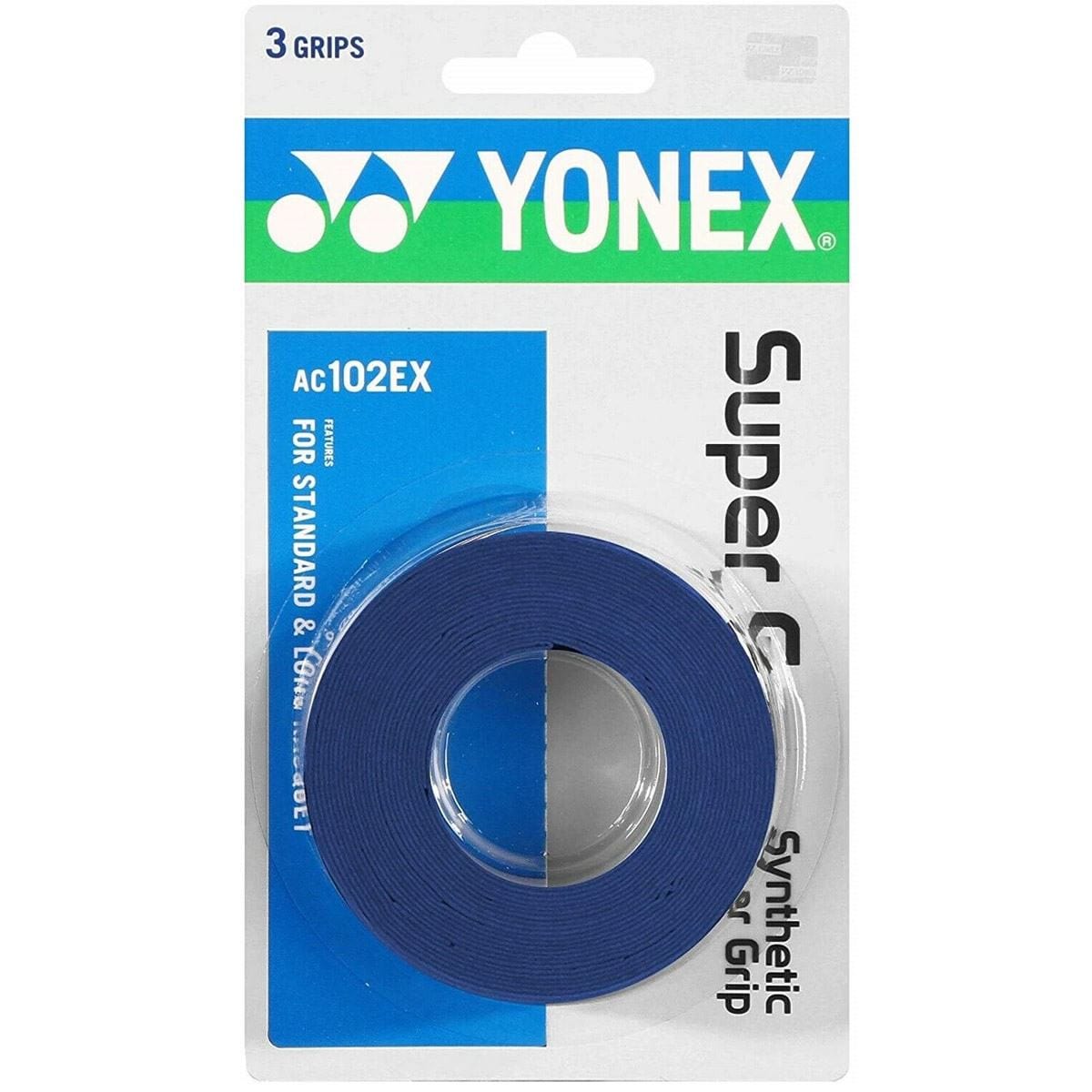 The Yonex AC102EX Super Grap Tennis Overgrip - 3 Pack in blue provides three high-performance overgrips crafted for excellent sweat absorption and compatibility with both standard and extra-long handles. The packaging showcases an elegant design in white, green, and blue, prominently highlighting the iconic Yonex branding at the top.