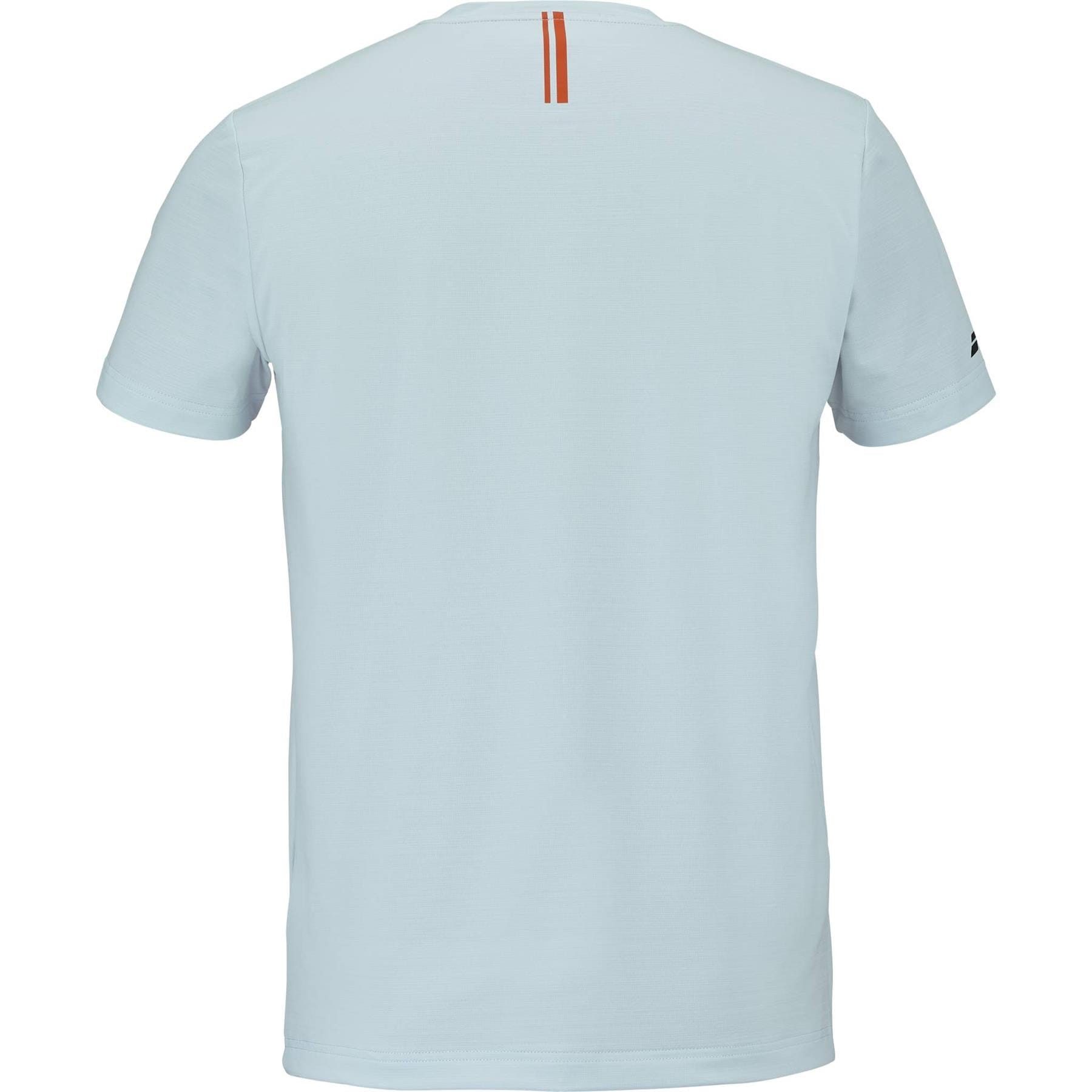 Back view of the Babolat Play Men's Crew Neck Tennis T-Shirt in Illusion Blue, featuring a small vertical orange stripe by the neckline and a dark sleeve logo—comfortable sportswear ideal for men's tennis.