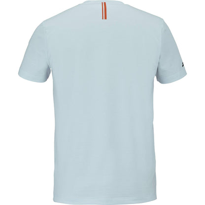Back view of the Babolat Play Men's Crew Neck Tennis T-Shirt in Illusion Blue, featuring a small vertical orange stripe by the neckline and a dark sleeve logo—comfortable sportswear ideal for men's tennis.