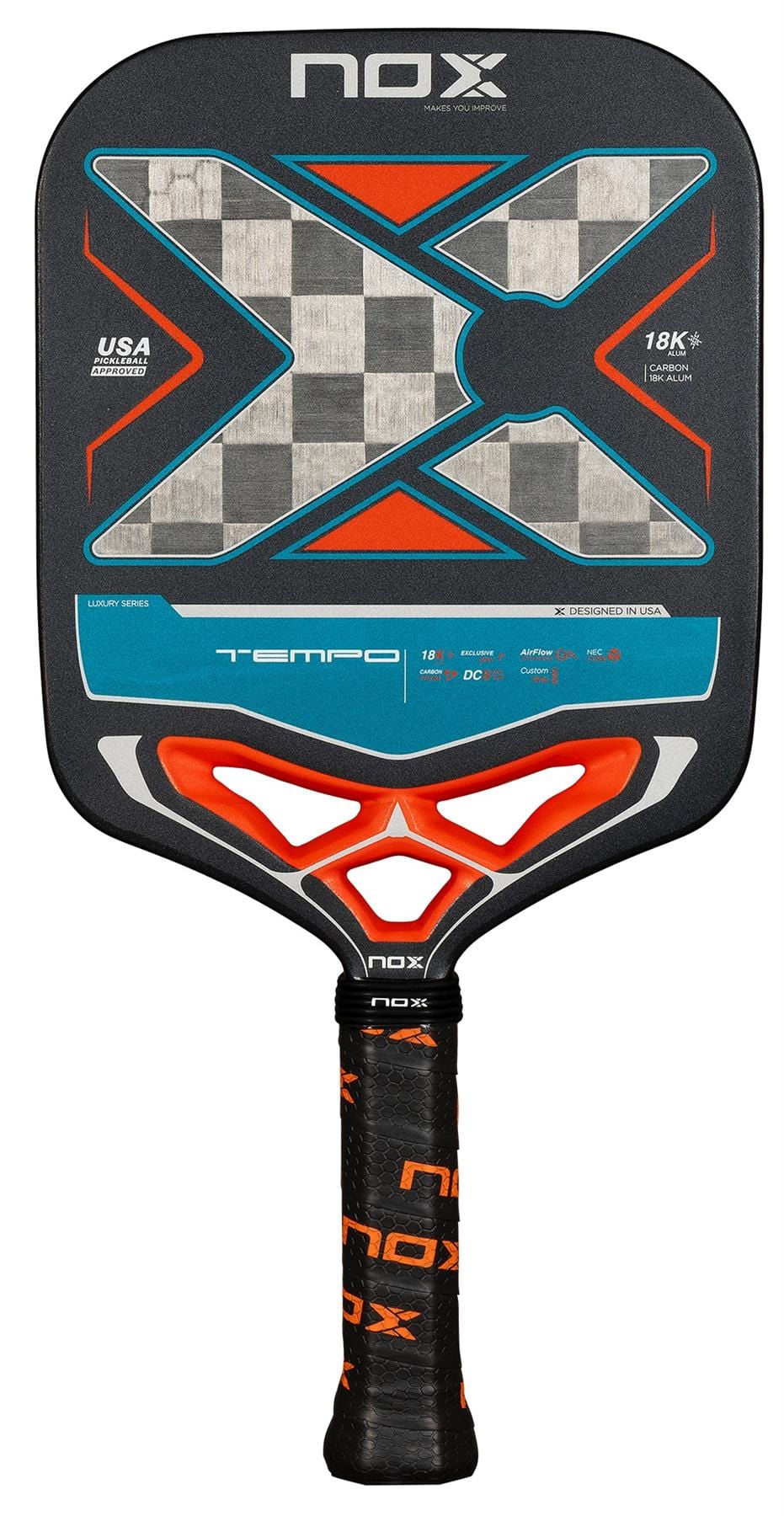 The NOX Luxury Tempo Pickleball Paddle features a black face with a gray and blue checkered "X" design, orange accents, and a NOX-branded grip on the black handle. Made from 18K aluminised carbon fibre for Exclusive Spin technology.