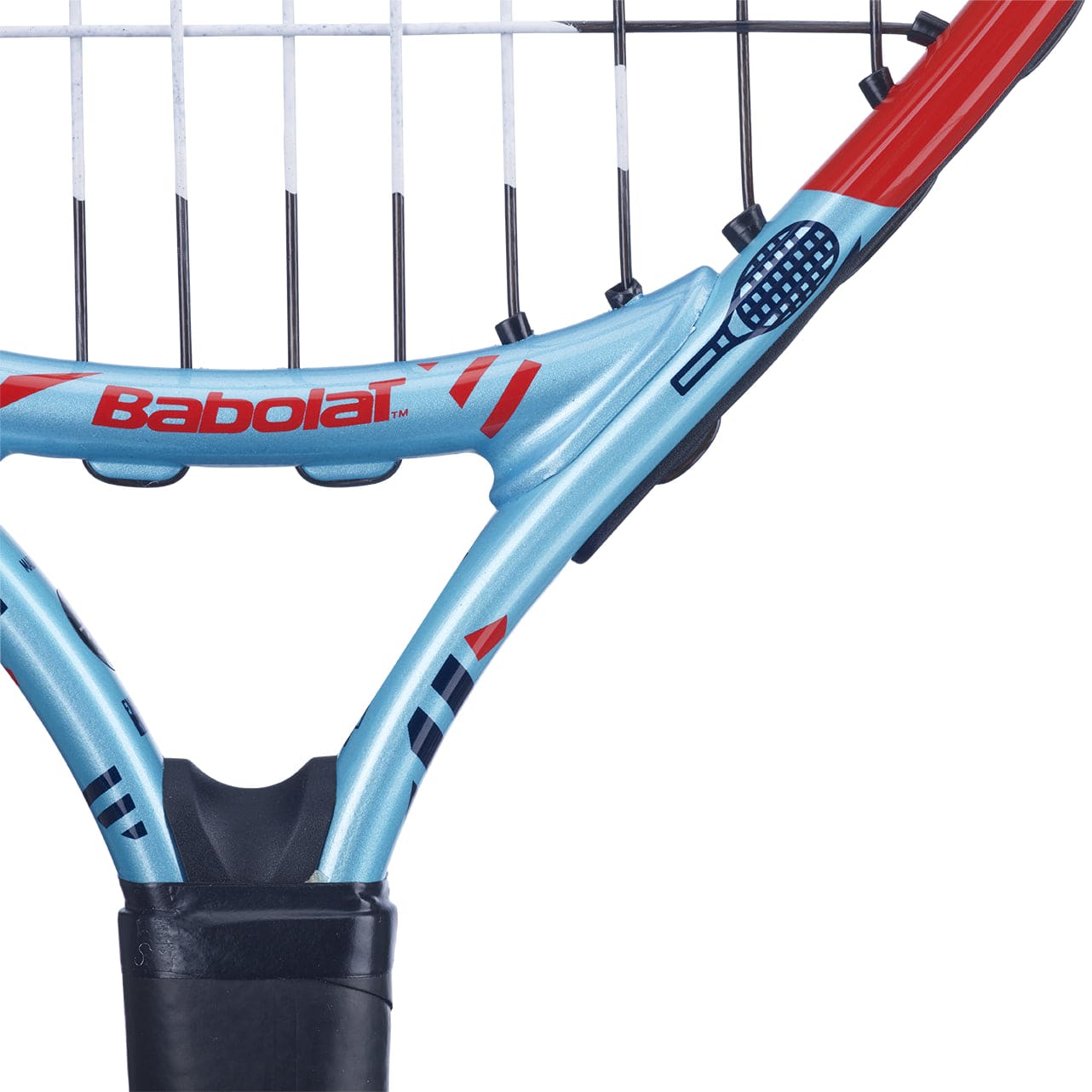 Close-up of a Babolat BallFighter 17 Junior Tennis Racket in blue and red, perfect for beginners starting their tennis journey. The strings are arranged in a crisscross pattern, with the Babolat logo clearly visible on the frame. The black handle is crafted to help teach proper grip technique.