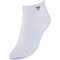 The Tecnifibre Low Cut Tennis Socks (3 Pack) in white feature a small blue and red Tecnifibre logo near the cuff. These socks are crafted with a cotton base, include ribbed detailing on the arch for enhanced ankle support, and have a seamless toe design, making them perfect for racket sports enthusiasts.